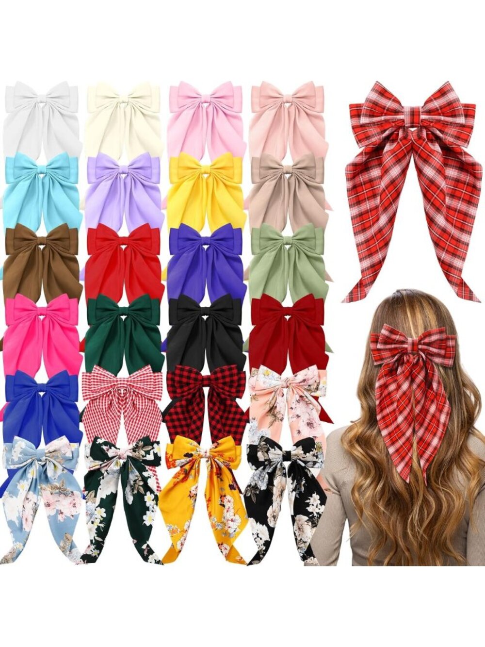 25 Pcs Large Satin Hair Bows Set - Big Plaid Hair Accessories for Women